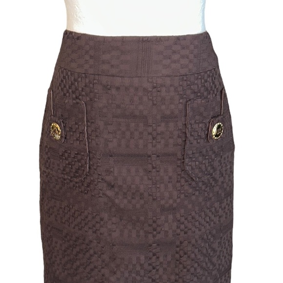 Milly of New York Brown Woven Textured Gold Button Detail Pencil Skirt - 8 - Picture 3 of 13